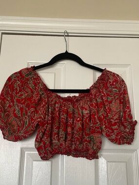 Red Paisley Off-Shoulder Smocked Crop Top